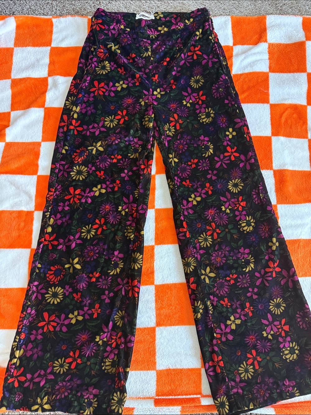 Urban Outfitters Black Velvet Floral Wide-Leg Pants with Purple & Red Blooms